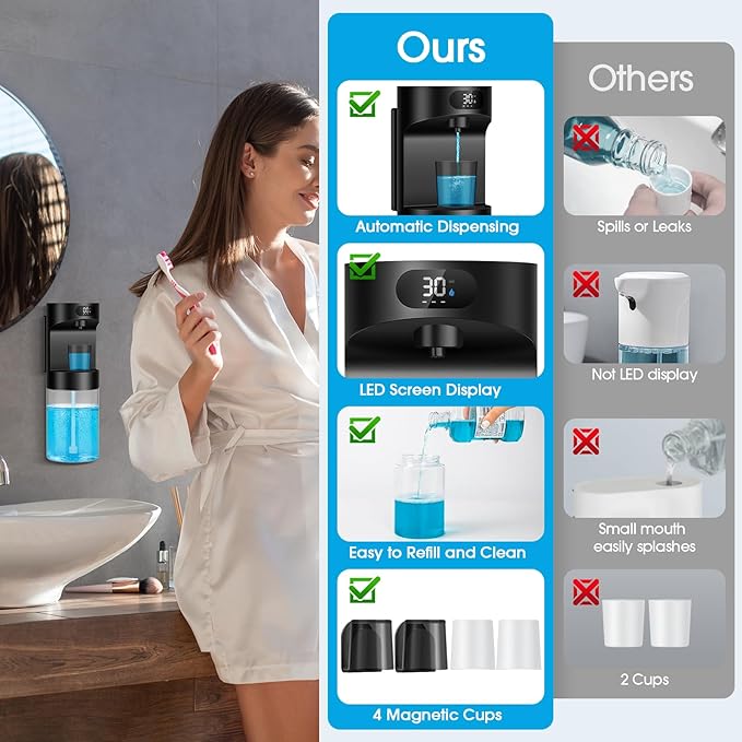 Automatic Mouthwash Dispenser for Bathroom,20.29 oz Touchless Electric Mouth Wash Dispensers Bathroom Accessories Set with 4 Magnetic Cups,4 Modes Wall Mounted Mouth Wash Dispenser for Home & Kids