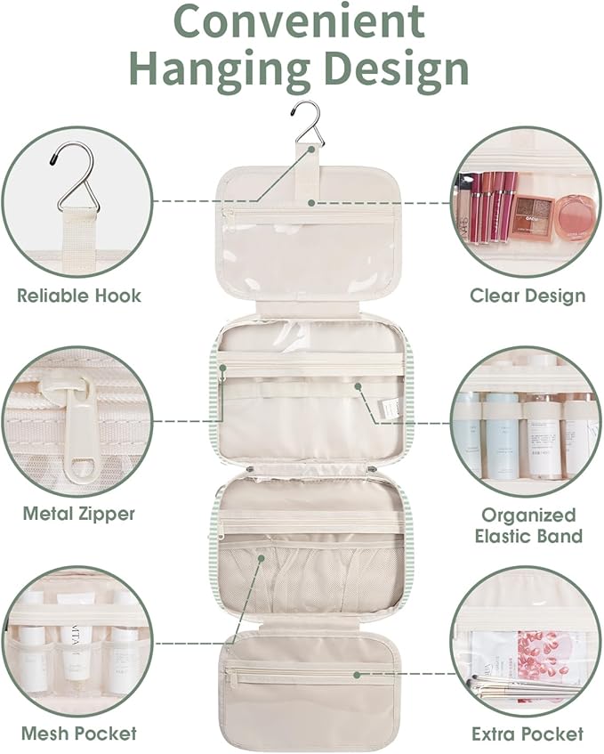 Narwey Striped Hanging Toiletry Bag for Women Travel Makeup Bag Organizer Toiletries Bag for Travel Size Essentials Accessories Cosmetics (Mint Green Stripe (Medium))