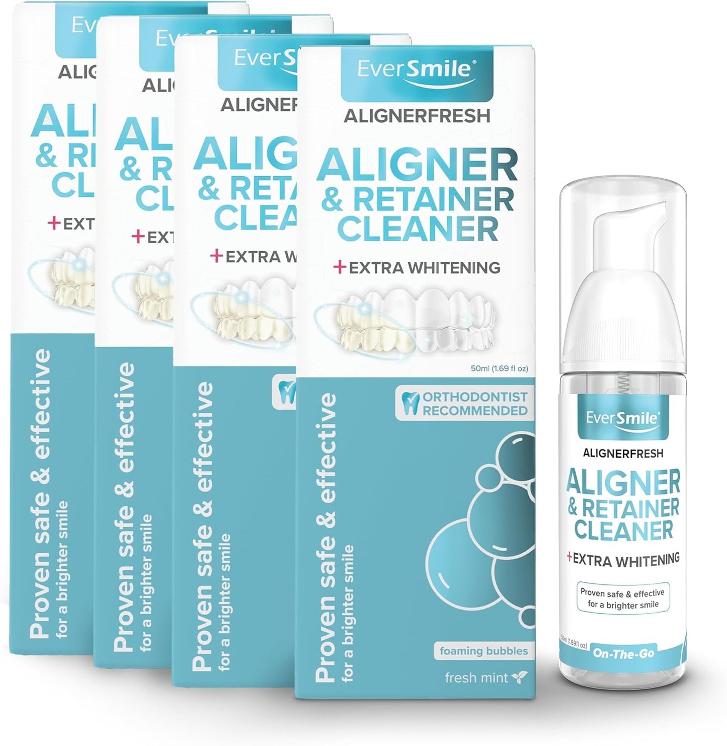 EverSmile AlignerFresh Extra Whitening Foam – Cleaner Compatible w/Invisalign and All Clear Aligners and Retainers – Eliminates Bacteria, Whitens Teeth, Fights Bad Breath – 50ml (4 Pack)