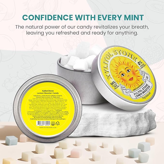 Xylitol Stone Sugar Free Candy - Vegan & Keto Friendly Unique Hard Candy - 100% Natural Flavor Candies - Gluten Free & Non-GMO Breath Freshener Low Calorie Mints - Lemon Booster (Pack of 1)
