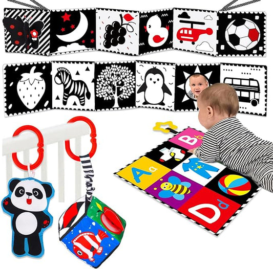 4 PCS Black and White High Contrast Baby Toys 0-3-6 Months Newborn Essential Montessori Toy for Babies Crinkle Sensory Book Brain Development Tummy Time Mirror Infant Carseat Rattle Easter Shower Gift