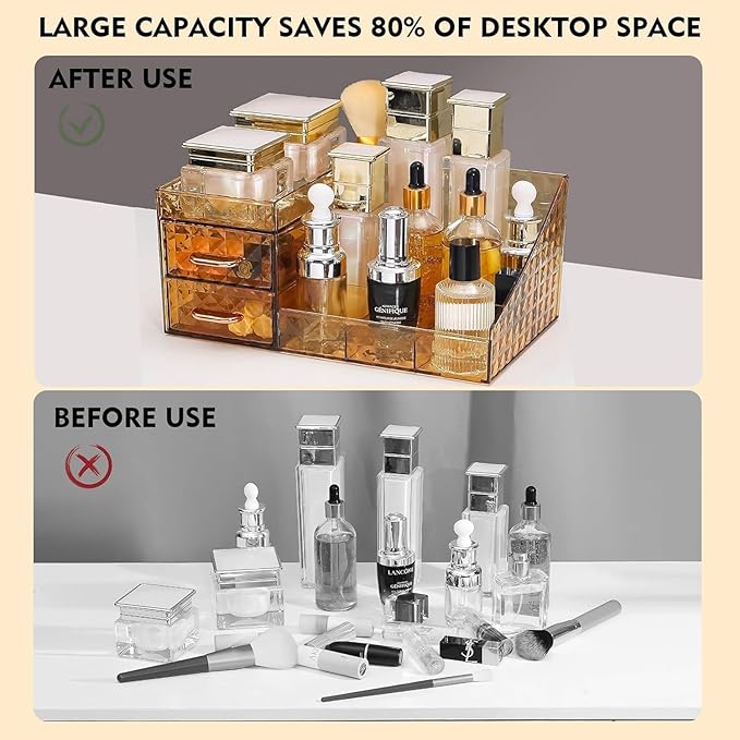 Clear Makeup Organizer for Vanity,Desk Makeup Caddy With Drawers for Cosmetics,Lipsticks Nail Care Skincare Jewelry Countertop Organizers,Cosmetic Display Cases for Bathroom, Dresser (Cream)