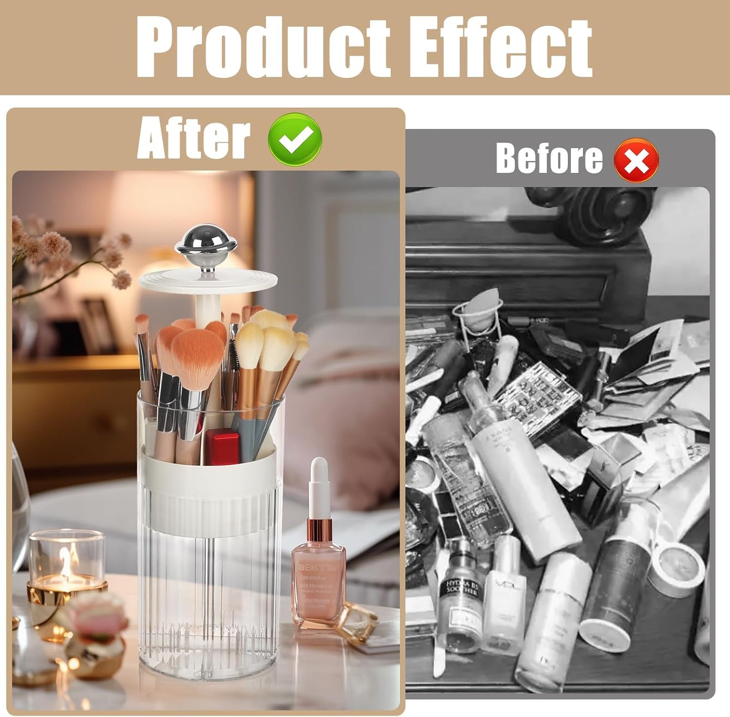 2 Pack Makeup Brush Holder with Lid Automatic Lifting Makeup Brush Organizer with Lid Dustproof & Waterproof 4-Compartment Clear Makeup Organizer for Vanity,Office,School,Dorm Room,Silver+Silver