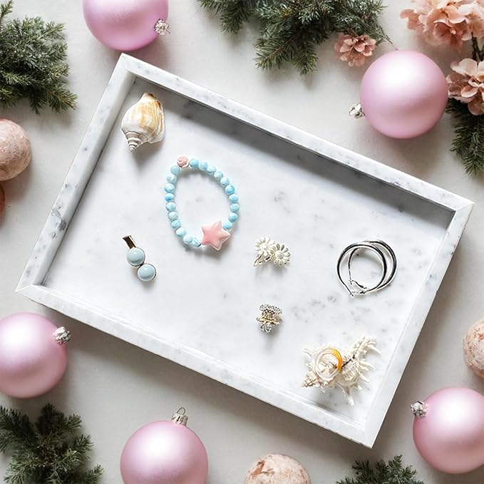 Yew & Tulip Natural Marble Vanity Tray, Nature White Marble with Spots Serving Tray for Bathroom, Kitchen, Vanity, Home Decor, Wedding etc. (12" x 8" x 1.2")