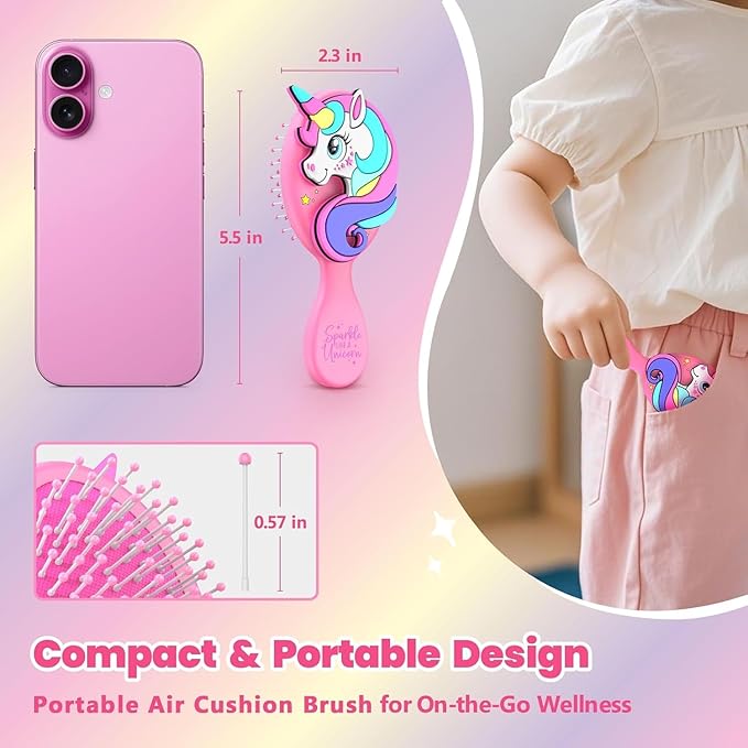 Toddler Hair Brush – Pink Mini Air Cushion Brush for Kids, Little Girls & Princesses – Gentle Detangling Comb for Wet & Dry Hair, Unicorn Hairbrush for Girls, Travel-Friendly