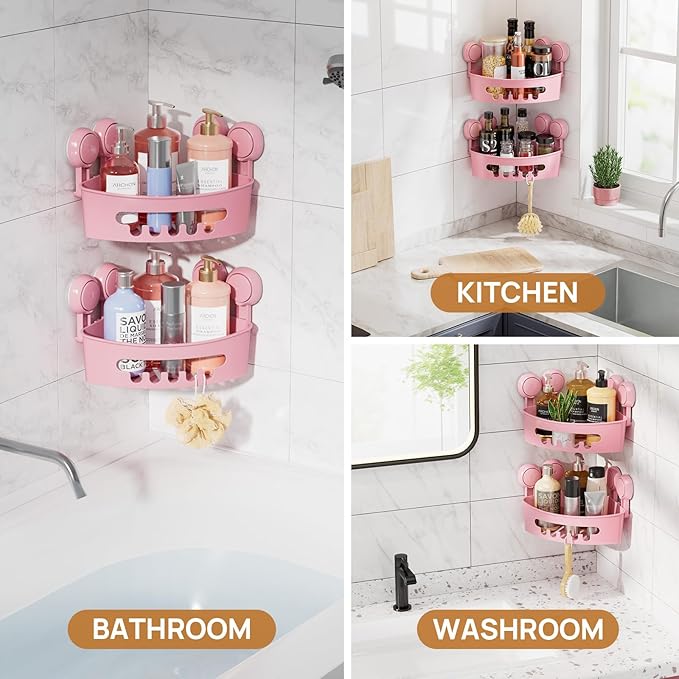 LEVERLOC Corner Shower Caddy Suction Cup, Powerful Suction Bathroom Shower Shelf, Waterproof and Rustproof Organizer for Bathroom Storage and Kitchen, No-Drilling Removable, Pink