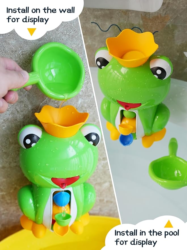 Baby Bath Toy with Suction Cups, Cute Frog Waterfall Bathtub Toy with Spinning Waterwheel, Interactive Toddler Bathtub Toy for Boys and Girls Gifts Ages 1-3