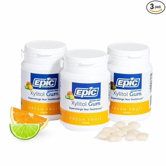 Epic 100% Xylitol Fresh Fruit Chewing Gum - Sugar Free, Aspartame Free Dental Gum - Supports Oral Health & Fresh Breath - 50 Pieces (Pack of 3)