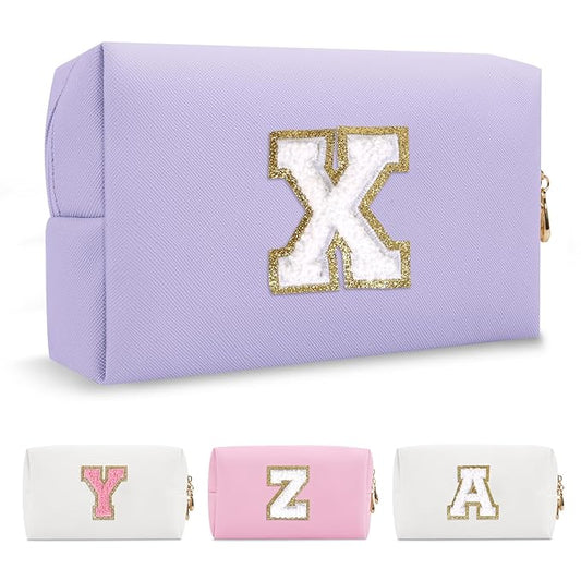 Personalized Makeup Bag Initial A-Z Preppy Patch Bag,Small PU Leather Travel Cosmetic Bag Pouch with Zipper,Purple Cute Toiletry Bag,Gift Ideal for Teen Girls Women Birthday Friend Mom,Latter X