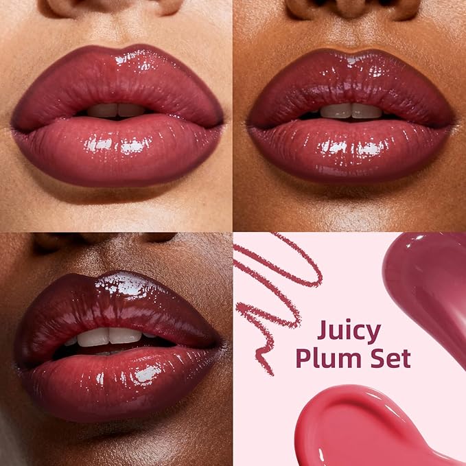 KIMUSE 3PCS Lip Combo Set - Matte Lip Liner Pencil + Hydrating Tinted Lip Balm + Juicy Lip Gloss Tint, Non-Sticky, Long-Lasting, High Pigment Lip Makeup Kit (Juicy Plum Set)