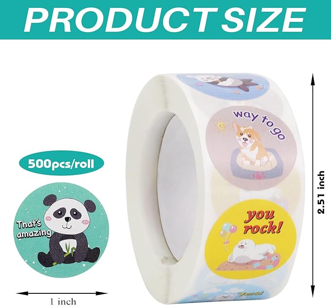 1000 pcs Animal Stickers for Kids,Cute Motivational Stickers for Kids Teachers Classroom School,16 Designs Reward Sticker (1 Inch / 2 Rolls)