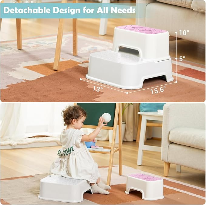 2-Step Stool for Kids - Toddler Anti-Slip Step Stool for Bathroom Sink/Toilet Potty Training/Kitchen Counter, 10" Height, 220 lbs Capacity, Durable & Stable (2Packs Pink)