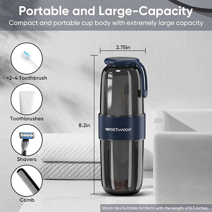 Westwood Travel Toothbrush Case Travel Toothbrush Holder with Cup, Large Toothbrush Container for Toothbrush Toothpaste Razor, Portable Toothbrush Holder with Cover for Home Business School (Black)