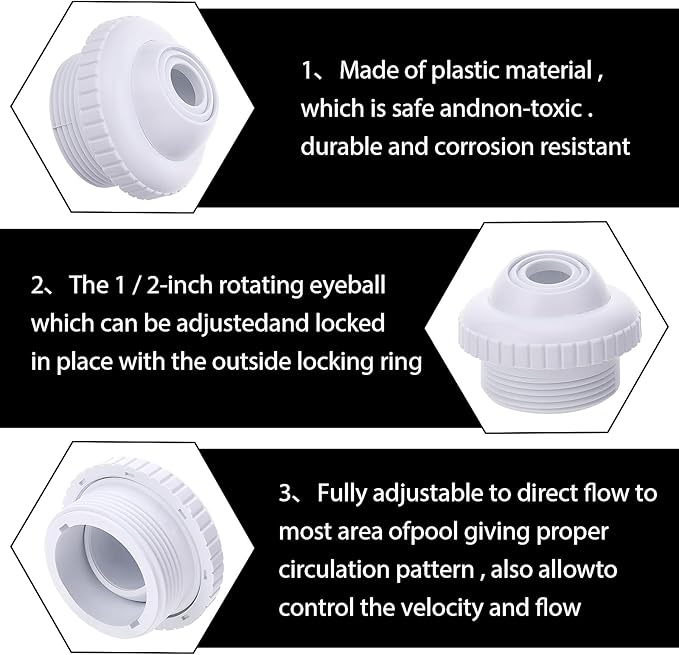 2 Pieces Pool Jet Nozzles, 1/2" Directional Flow Eyeball Inlet Jet, Swimming Pool Return Jet Replacement Parts Fittings Spa with 1-1/2 Inch MIP Thread Pool Accessories for Cleaning White 0.5"