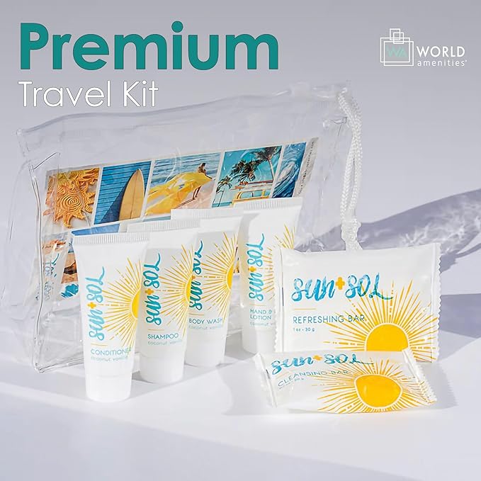 World Amenities - Sun + Sol Mini Size Hotel Toiletries Bathroom Kit | Warm Coconut & Vanilla | Shampoo, Conditioner, Body Wash, Lotion, Cleansing Bar, Refreshing Soap Bar and Moisturizing Massage Bar