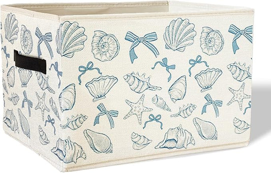 Coquette Blue Bow Ocean Storage Bin Box With Handles for Girls Kids, Bow Coastal Nautical Foldable Organizer Basket Toybox for Girls Room Nursery Bedroom Bathroom Clothes Toys Books