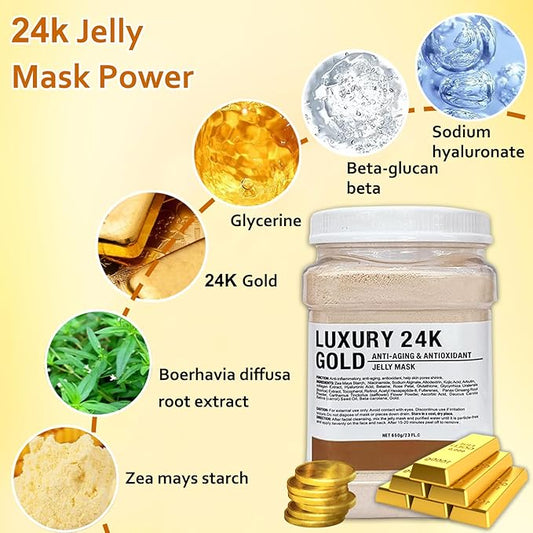 Jelly Mask Powder for Facials,24k Gold Jelly Masks for Facials Professional,Peel off Rubber Mask,Anti Aging,Moisturizing,Hydrating,Jelly Face Mask,with Double-ended Silicone Brush,23 Fl Oz