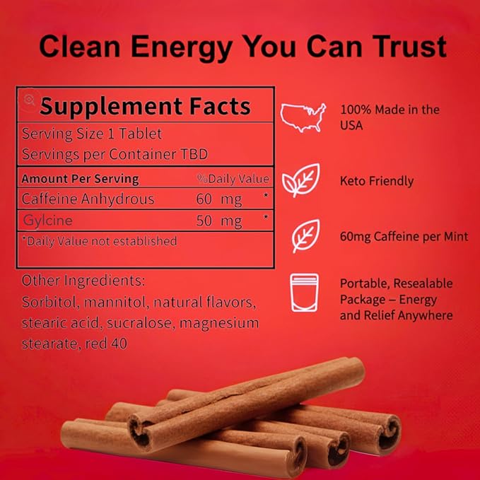 Caffeine Mints by Rally, 60milligram Caffeine, Instant Energy, Fresh Breath Caffeinated Mints, 0 Sugar, Cinnamon Flavor (6 Packs, 60 Mint)