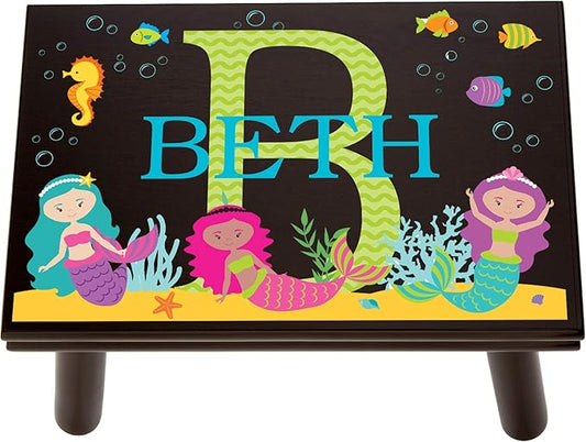 Let’s Make Memories Personalized My Own Name Step Stool - Children’s Step Stool - Sturdy Wood – Non-Toxic Paint, Sealer - Mermaid Design - Espresso - 14’Wx9.25”Lx8.75”H - Ages 3+