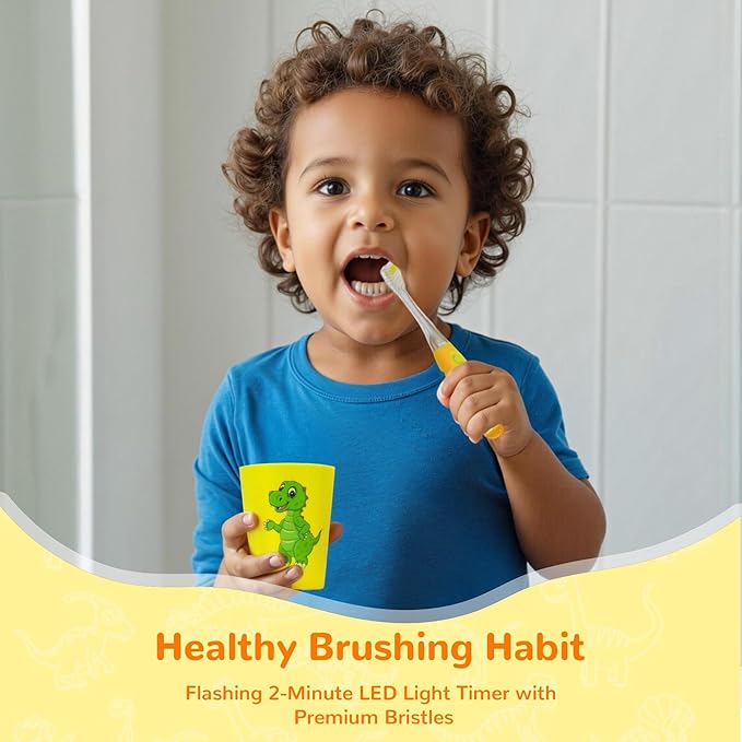 Lily's Home Kids Toothbrush with Flashing Timer and Soft Bristles, Rinsing Cup & Cover - Fun 2-Min Light-Up Timer for Children - Toddler Soft Toothbrush Kit (Dinosaur)