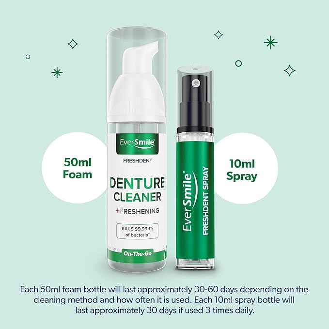 EverSmile FreshDent Denture and Partial Denture Cleaner + Teeth Whitening Spray and Foam– Travel Size Alternative to Cleaning Tablets That Eliminates Bacteria and Fights Bad Breath – 50ml + 10ml (2pk)