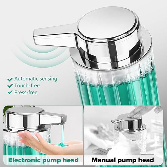 Automatic Soap Dispenser Liquid for Kitchen: 11 OZ Glass Touchless Clear Auto Soap Dispenser for Bathroom - Hand Dish Lotion Home Countertop Kids - Family Couple