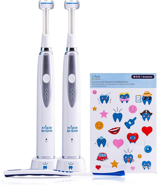 Triple Bristle Kids Sonic Toothbrush | 2 Pack | 3-Sided Brushing to Clean Teeth and Gums | Dentist Created & Approved | Fun Sticker Rewards | Rechargeable Toothbrush