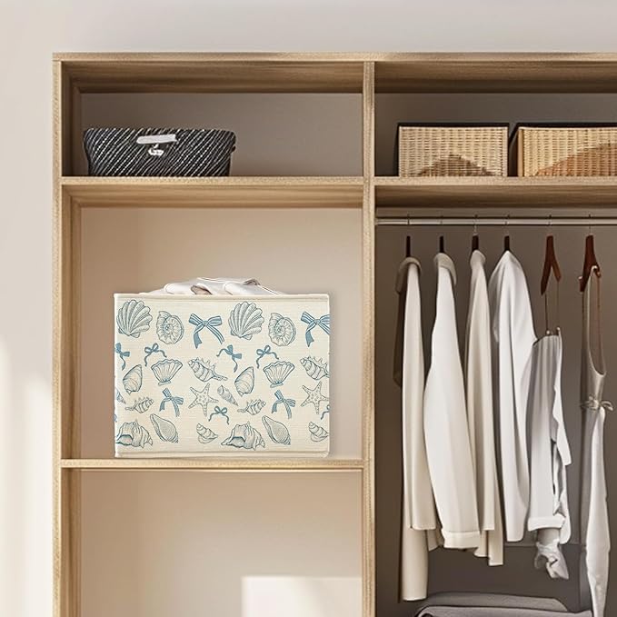 Coquette Blue Bow Ocean Storage Bin Box With Handles for Girls Kids, Bow Coastal Nautical Foldable Organizer Basket Toybox for Girls Room Nursery Bedroom Bathroom Clothes Toys Books