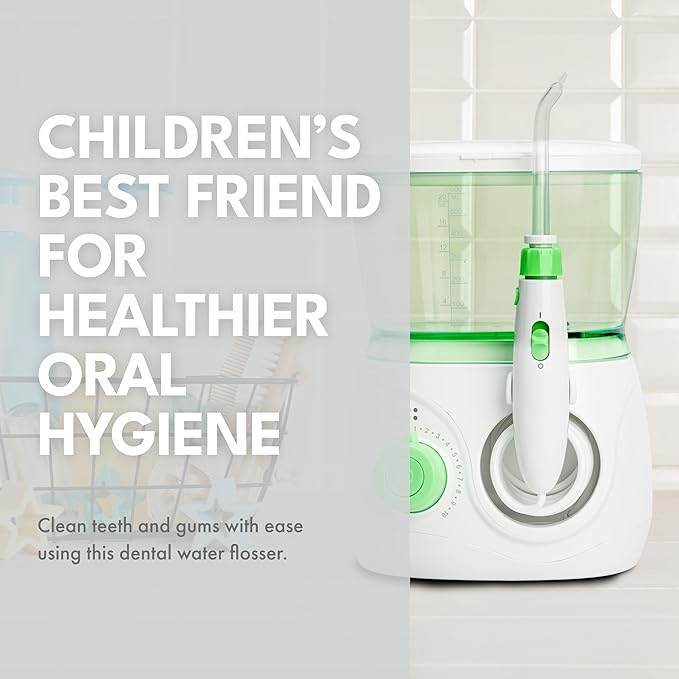 ToiletTree Products Children's Countertop Water Flosser - Dental Oral Irrigator for Kids - BPA-Free Dental Water Flosser with 600mL Capacity and Adjustable Water Pressure - Green