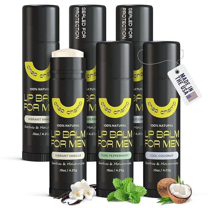 Lip Balm for Men - All Natural Mens Chapstick - Mens Lip Balm - Contains Vitamin E and Beeswax - Chapstick for Men - Peppermint, Coconut & Vanilla Lip Balm - Lip Balm Men (6 pack)