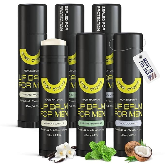 Lip Balm for Men - All Natural Mens Chapstick - Mens Lip Balm - Contains Vitamin E and Beeswax - Chapstick for Men - Peppermint, Coconut & Vanilla Lip Balm - Lip Balm Men (6 pack)