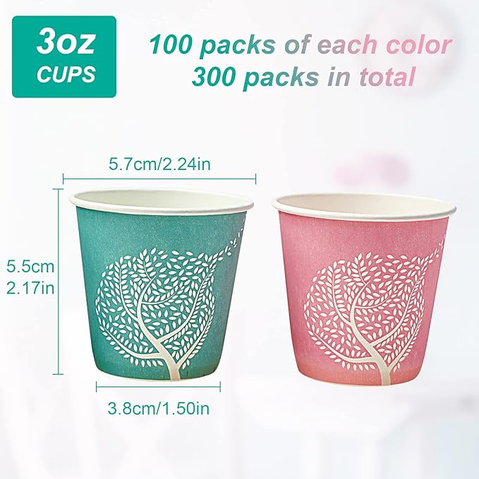 LITOPAK 300 Pack 3 oz Disposable Bathroom Cups, Colorful Small Disposable Paper Cups for Parties, Picnics, Barbecues, Travel and Events