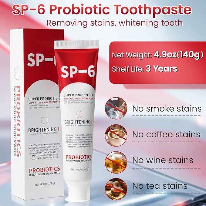 SP-6 Probiotic Whitening Toothpaste, SP-6 Probiotic Toothpaste, Enhanced Formula with 6 Probiotics for Teeth Whitening/Brightening, Enamel-Safe, Fluoride-Free, Fresh Mint Flavor, 4.9oz (1)