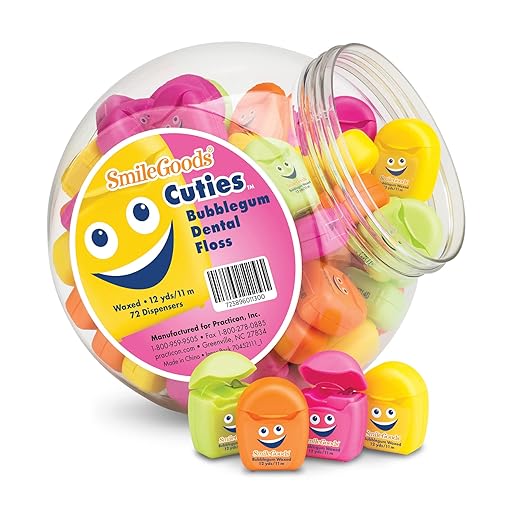 Practicon SmileGoods Cuties Bubblegum Waxed 12 Yard Dental Floss, Mini Sample Size Floss for Giveaways, Travel, Kids, Adults, Patients, Assorted Bright Colors with Display Canister, Bulk 72 Pack