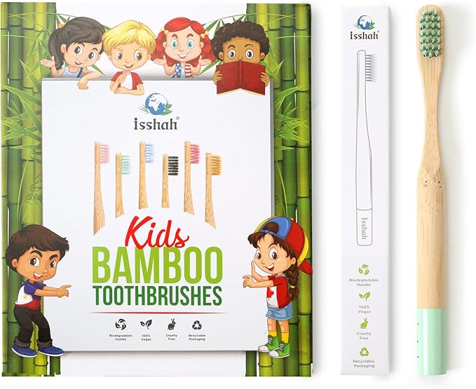 Kids Bamboo Toothbrushes Biodegradable Handle BPA Free Eco Friendly Children Size, FSC Certified and PETA Approved, Pack of 6 (Spiral Soft Nylon Bristles)