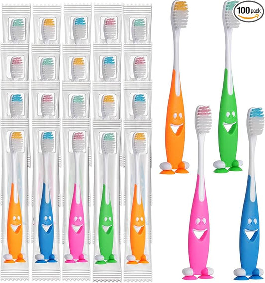 Newday 100 Pack Kids Toothbrush Bulk Soft Bristles Toddler Cute Toothbrush with Suction Cup, Includes Travel Covers, Individually Wrapped Toothbrushes for Kid Home School Daycare Camp (Shark)