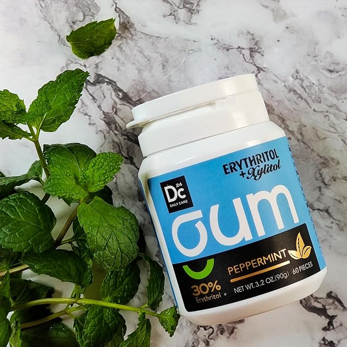 DC24 DAILY CARE Xylitol Chewing Gum with Erythritol, Aspartame Free & Sugar Free Gum, Low-Calorie, Sugarless, Natural Peppermint, 60 Pieces (Pack of 2)