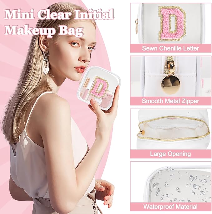 Mini Clear Personalized Initial Makeup Bag,Nylon Preppy A-Z Chenille Letter Patch Zipper Cosmetic Bag, Small Cute Beach Pouch Travel Purse Sanitary Napkin Storage Bag for Women Girls(White-Pink D)