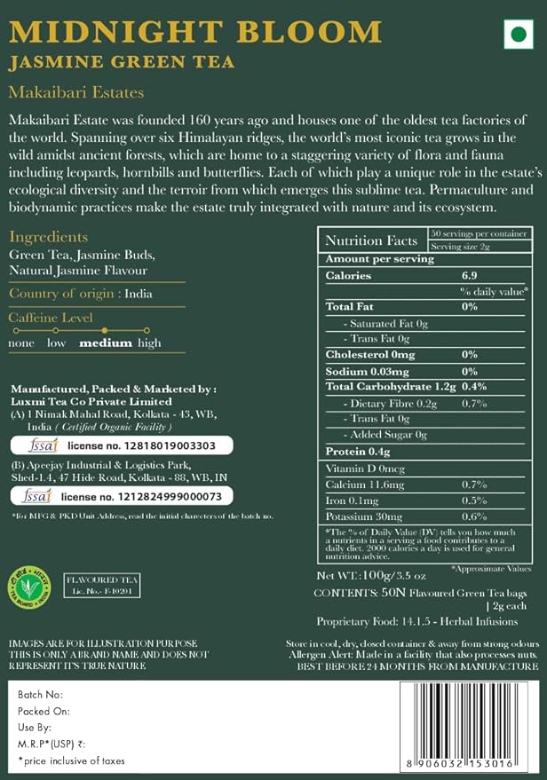 Luxmi Estates Midnight Bloom Organic Jasmine Tea (50 Tea Bags) Mildly Caffeinated Tea Bags For Relaxing, Calming, and Stress Relief, With Certified Organic Darjeeling Makaibari Green Tea