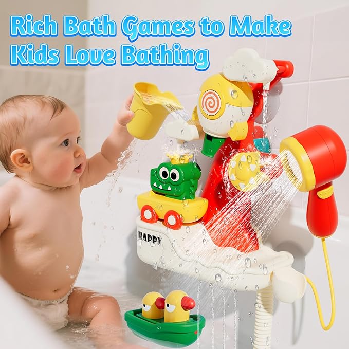 FlowFun Bath Toy Set: Electric Shower with 360° Rotate, Rocket Whistle, Cute Car Toy & Little Yacht | Interactive Water Play Kit for Toddlers 18 Months +