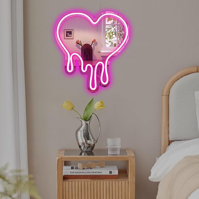 Heart Mirror Neon Sign Heart Neon Wall Art Sign for Wall Decor LED Neon Mirror Light Sign for Girls Room Bedroom Wedding Birthday Party