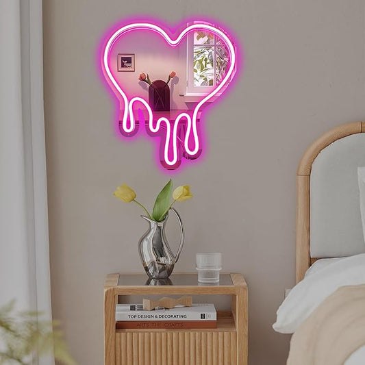 Heart Mirror Neon Sign Heart Neon Wall Art Sign for Wall Decor LED Neon Mirror Light Sign for Girls Room Bedroom Wedding Birthday Party