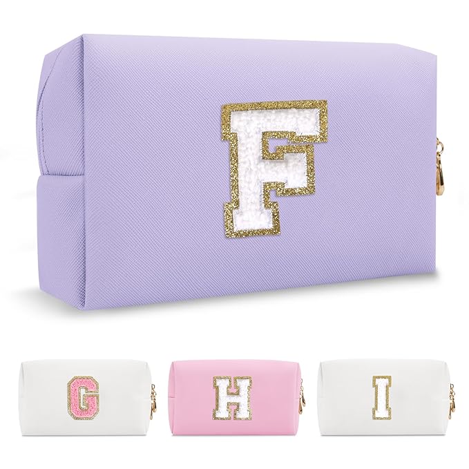Personalized Makeup Bag Initial A-Z Preppy Patch Bag,Small PU Leather Travel Cosmetic Bag Pouch with Zipper,Purple Cute Toiletry Bag,Gift Ideal for Teen Girls Women Birthday Friend Mom,Latter F