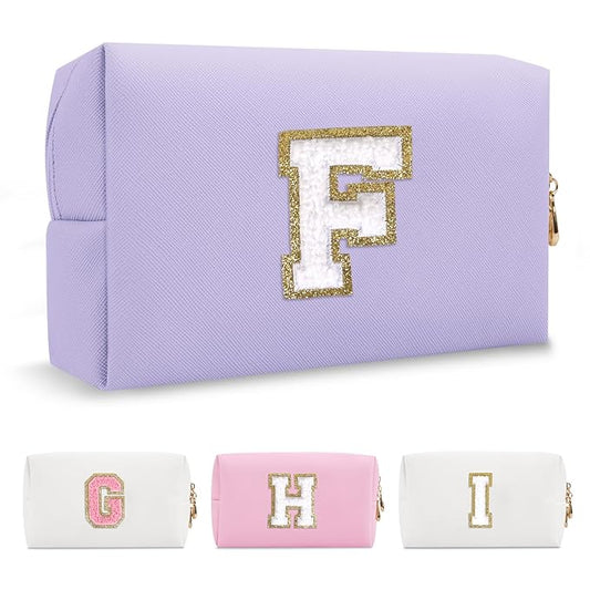 Personalized Makeup Bag Initial A-Z Preppy Patch Bag,Small PU Leather Travel Cosmetic Bag Pouch with Zipper,Purple Cute Toiletry Bag,Gift Ideal for Teen Girls Women Birthday Friend Mom,Latter F