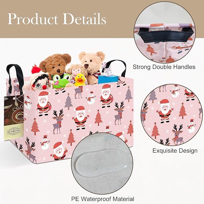 HUNRUNG Rectangle Storage Basket Cute Canvas Organizer Bin for Pet/Children Toys, Books, Clothes Perfect for Rooms/Playroom(REC-Pink Father Christmas)