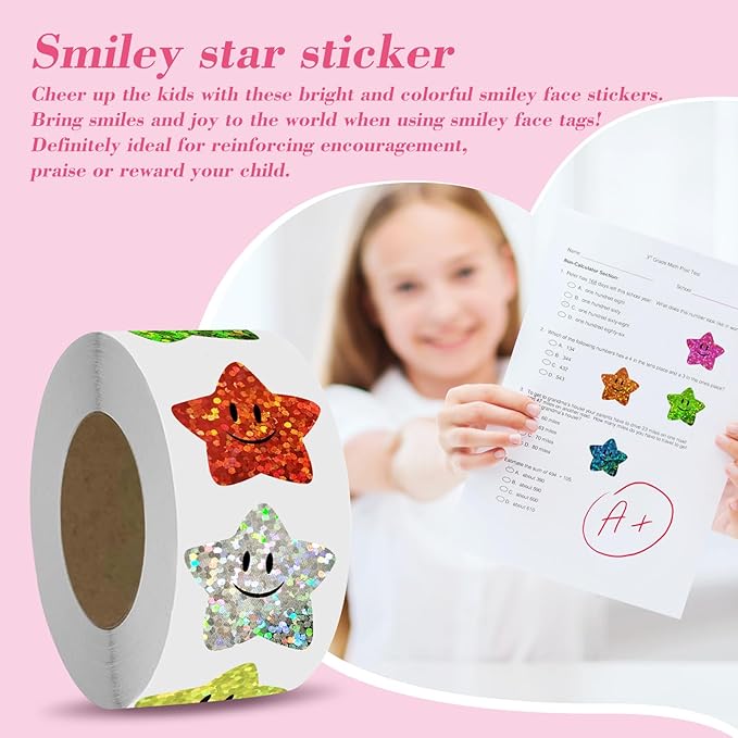 700Pcs Smiley Face Star Stickers for Kids Reward,1inch 8 Colored Sparkly Foil Star Stickers for Student Planner and School Classroom Teacher Supplies 3.15inch in Diameter per roll(8cm)