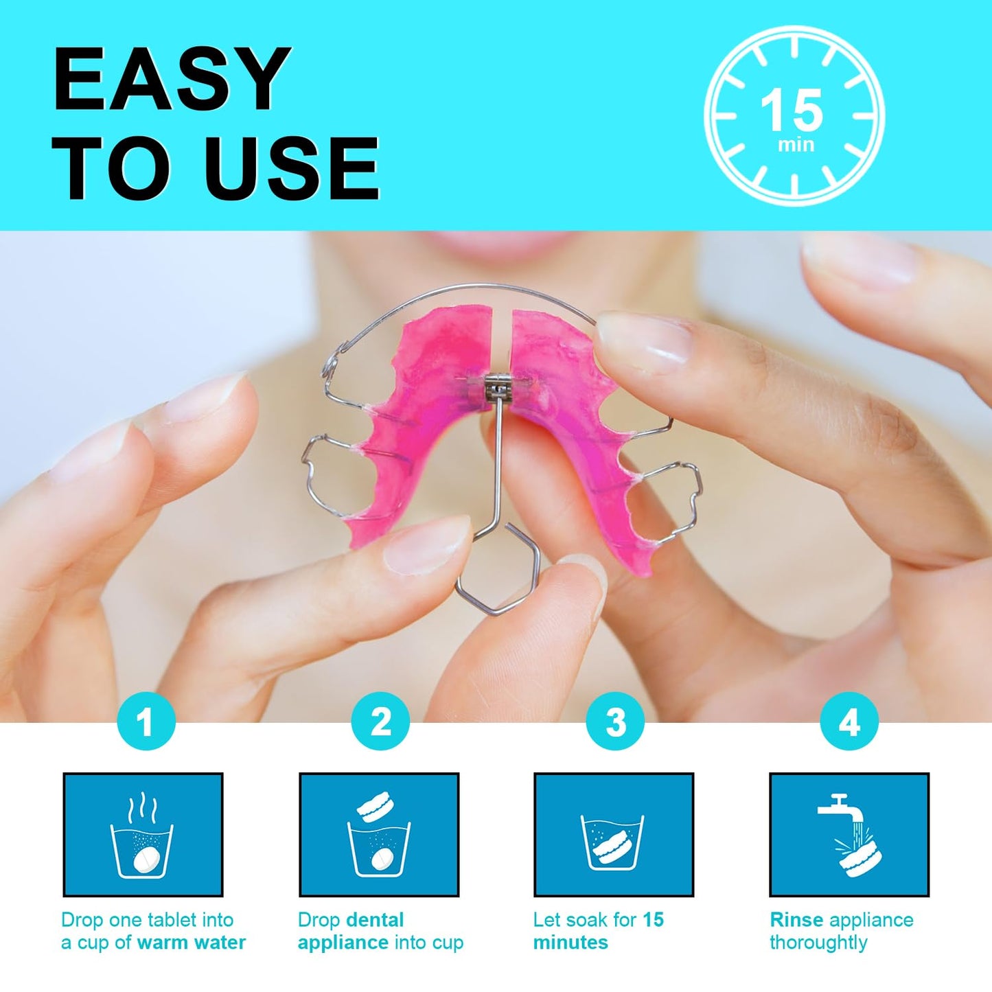 MySmile Retainer Cleaner with 120 Denture Cleaning Tablets, Quickly Remove Odors, Discoloration Stains & Plaque from Aligner, Mouth Guard, Night Guard and More Dental Appliances (Mint Flavor)
