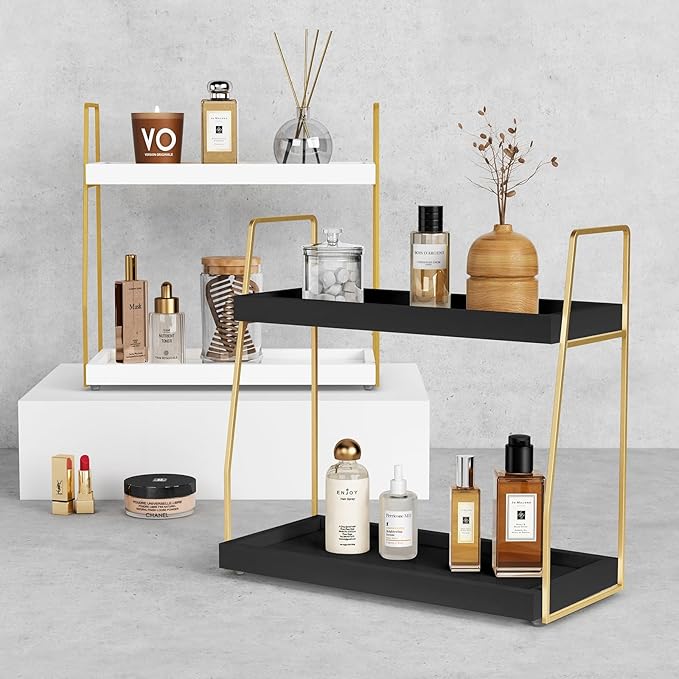 Forbena Black and Gold Bathroom Organizer Countertop, 2 Tier Counter Organizer for Bathroom Decor, Modern Sink Shelf Organizers for Vanity Storage, Make upTray for Makeup Bedroom