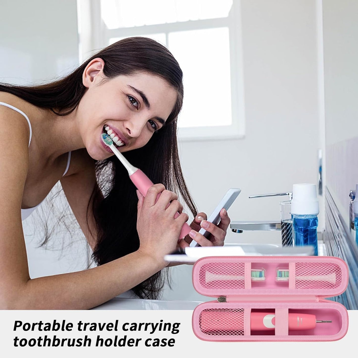 Toothbrush Travel Hard Case Compatible with Oral-B Pro 1000, 2000, 3000, 3500, 1500/ for Philips Sonicare ProtectiveClean 4100 5100 Electric Toothbrush with Mesh Pocket&Carabiner - Pink (Bag Only)