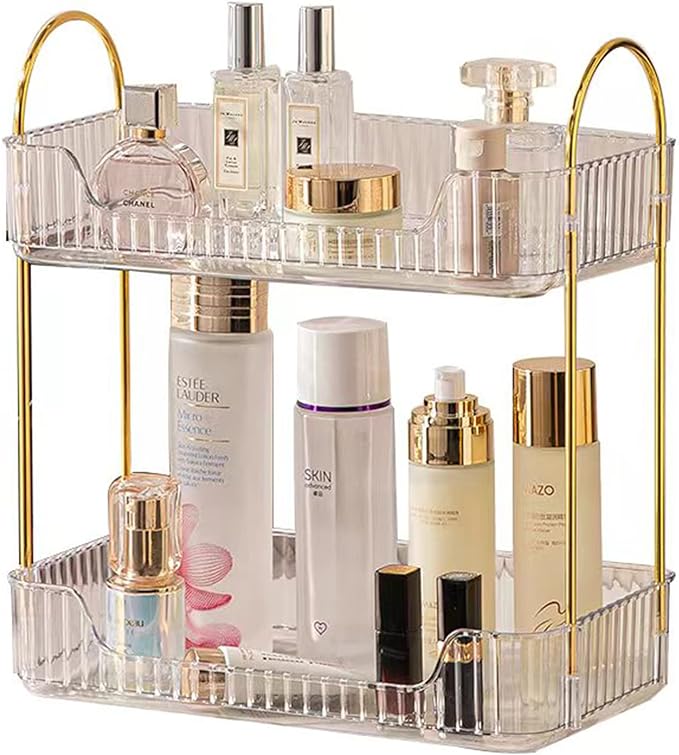 2 Tier Clear Countertop Storage - Bathroom & Kitchen Organizer, Cosmetics & Makeup Shelf, Spice Rack